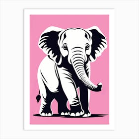 Playful Elephant Calf On Solid pink Background, modern animal art, baby elephant Art Print