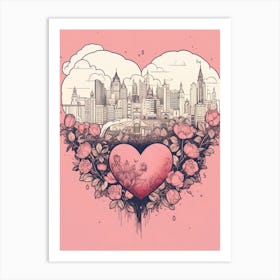 Skyline Floral Heart Illustration Pink Art Print