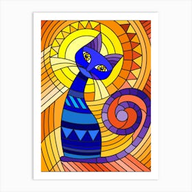 Stained Glass Illustration With Abstract Blue Geometric Cat On An Orange Background Art Print