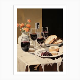 Atutumn Dinner Table With Cheese, Wine And Bread, Painting Art Print