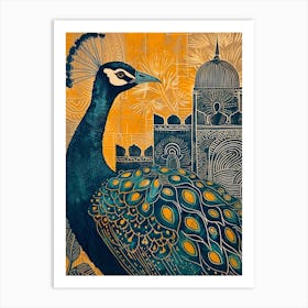 Blue Mustard Mosaic Tile Style Peacock Art Print
