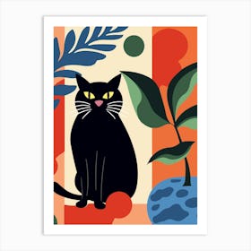 Black Cat With Plant Art Print