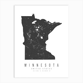 Minnesota Mono Black And White Modern Minimal Street Map Art Print