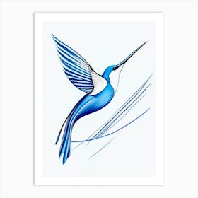 Hummingbird Symbol Blue And White Line Drawing Art Print