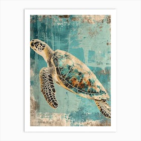 Blue Sea Turtle Textured Painting Art Print
