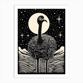 B&W Bird Linocut Ostrich 1 Art Print