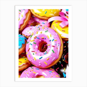 Colorful Donut Pattern Interlaced With Confetti And Ribbons High Saturation Texture Detail On Don (2) Art Print