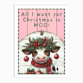 Pink Cute Christmas Cow Art Print