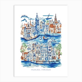 Amsterdam Netherlands Illustration Line Art Travel Blue Art Print