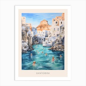 Swimming In Santorini Greece 2 Watercolour Poster Art Print