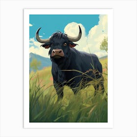 Black Bull In Long Grass Of The Highlands Art Print