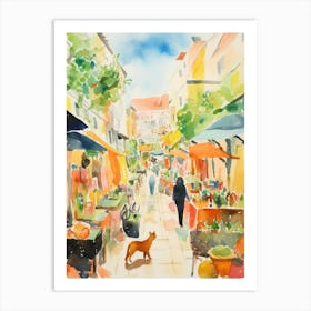 Food Market With Cats In Sintra 2 Watercolour Art Print