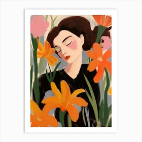 Woman With Autumnal Flowers Gladiolus 3 Art Print