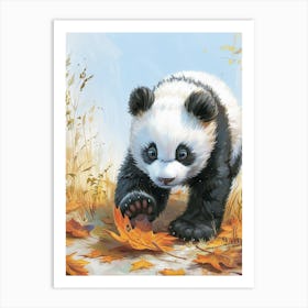 Giant Panda Cub Playing With A Fallen Leaf Storybook Illustration 4 Art Print