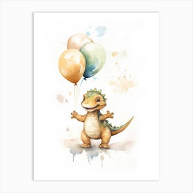 Baby Dinosaur (T Rex) Flying With Ballons, Watercolour Nursery Art 4 Art Print