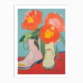 Painting Of Red Flowers And Cowboy Boots, Oil Style 6 Art Print