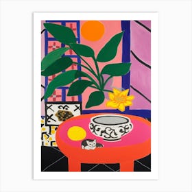 Painting Of A Still Life Of A Lotus With A Cat In The Style Of Matisse 4 Art Print