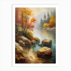 Autumn Lake,Forest Lake, Vintage Oil Painting, Farmhouse Wall Decorations, Antique Landscape, Vintage Landscape Oil Painting.19 Art Print