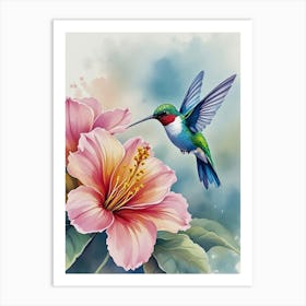 Hummingbird & Flower, Wall Art Style In Watercolo Art Print