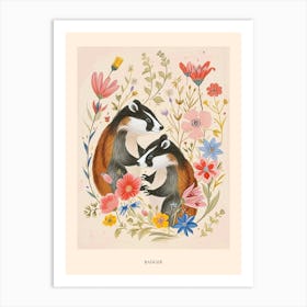 Folksy Floral Animal Drawing Badger 4 Poster Art Print