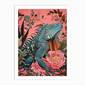 Floral Animal Painting Iguana 1 Art Print