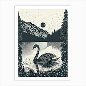 Swan Floating On A Misty Lake dotwork Art Print