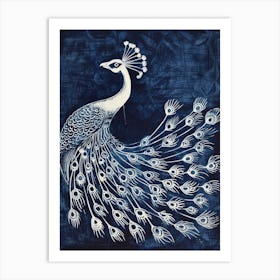 Linework Peacock Feathers Navy Blue Art Print