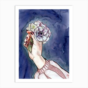 Watercolor Floral Painting Woman Holding a Bouquet of Anemones in Hand Art Print