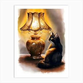 Cat By Lamp Art Print