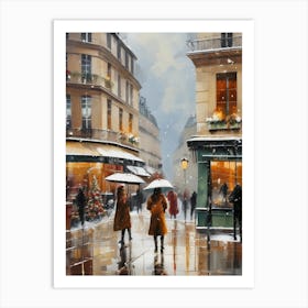 Paris cafes, winter season, Christmas, autumn oil colors, pale colors, pedestrians in the street, winter clothes, falling snow.8 Art Print