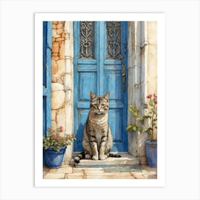 Cat In Front Of Blue Door Art Print