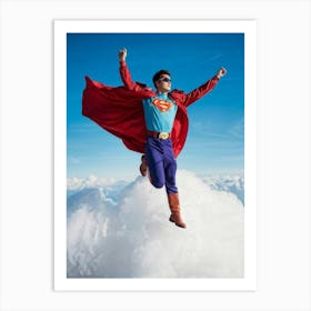 1980s Style Superhero Clad In Vintage Pilot Attire Soaring Above Cloud Banks Cotton White Cumulo (4) Art Print