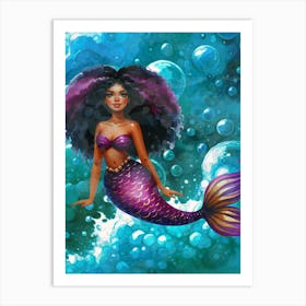 Mermaid, afro, melanin, black, bubbles, cute, sea, ocean Art Print