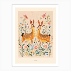 Folksy Floral Animal Drawing Deer 6 Poster Art Print
