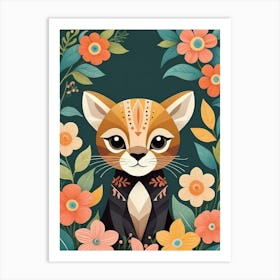 Floral Cute Baby Puma Nursery Illustration (21) Art Print