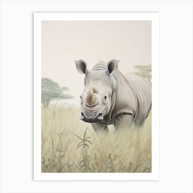 Vintage Rhino Illustration In The Grass 2 Art Print