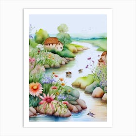 Watercolor Of A River With Flowers Art Print