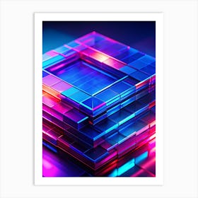 Abstract Arrangement Of Glowing, Translucent Cubes Stacked Upon Each Other With Blue, Pink, And Orange Neon Lighting, Casting Reflections Art Print