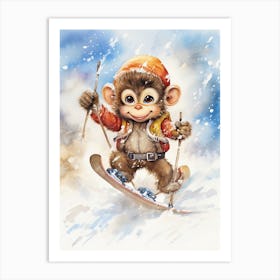 Monkey Painting Skiing Watercolour 3 Art Print