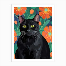 Black Cat With Flowers Art Print