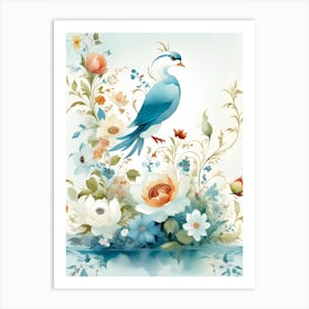 Blue Bird With Flowers Art Print