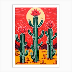 Pink And Red Plant Illustration Pencil Cactus 3 Art Print