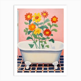A Bathtube Full Of Zinnia In A Bathroom 4 Art Print