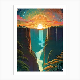 Mandala Sunset Over A Waterfall - Trippy Abstract Cityscape Iconic Wall Decor Visionary Psychedelic Fractals Fantasy Art Cool Full Moon Third Eye Space Sci-fi Awesome Futuristic Ancient Paintings For Your Home Gift For Him Yoga Meditation Room Art Print