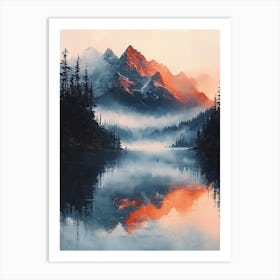 Misty Mountain Sunrise With Reflections – Tranquil Nature Landscape Art Print Art Print