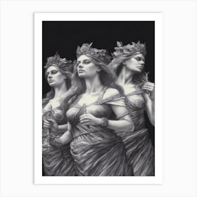 Three Muses, Greek Mythology B&W Drawing Art Print