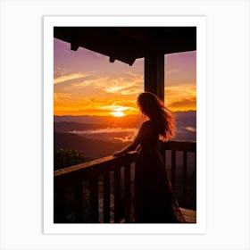 Woman Basking In Sunsets Glow On A Mountain Porch Silhouette Against A Sky Painted With Hues Of Or (1) Art Print