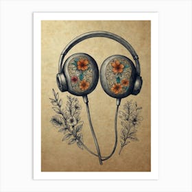 Headphones With Flowers Art Print