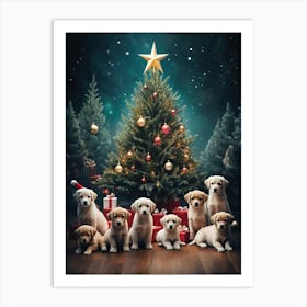 Christmas Puppies by Christmas Tree Art Print