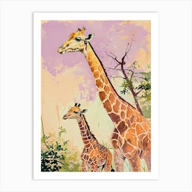 Sweet Giraffe & Calf Illustration 3 Art Print